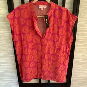 NWT Lauren Gold 100% silk Palm Beach style pink orange cap sleeve printed blouse